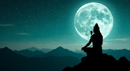 Fototapeta premium Meditating Figure Silhouette under Teal Full Moon on Mountain Top