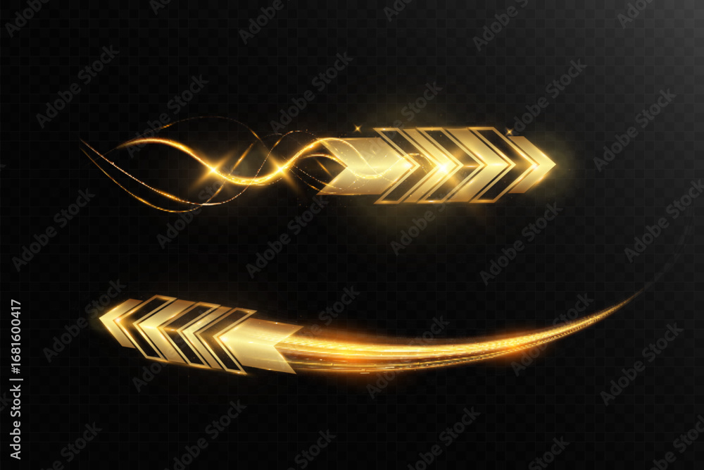 Poster golden glowing arrow with light trail and abstract wave motion effect on dark transparent background