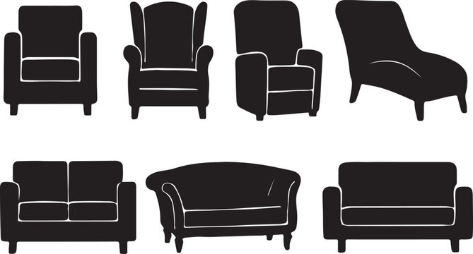 Set of Armchair and Sofa Silhouettes &ndash; Vector Furniture Clipart Featuring Modern Chairs, Couches, Recliners & Lounge Icons