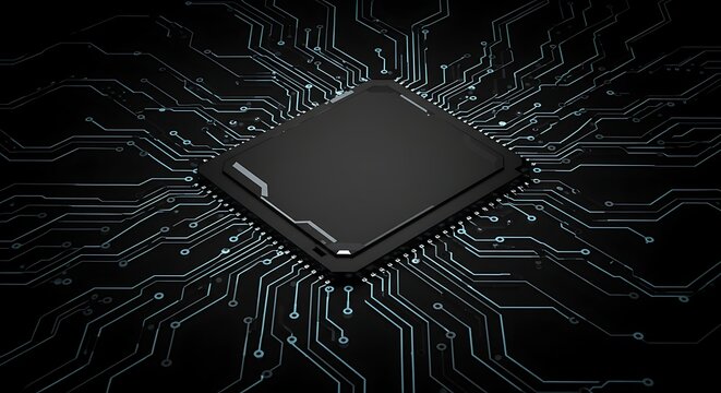 Advanced Microchip on a Glowing Motherboard.