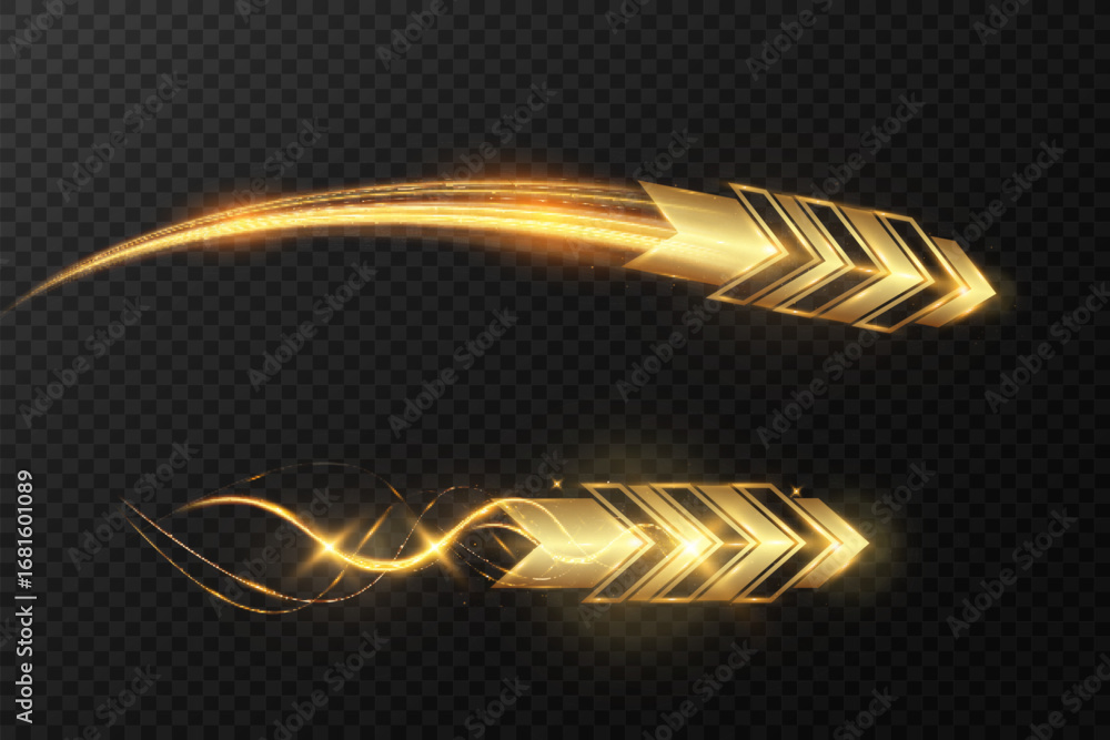Poster golden glowing arrow with light trail and abstract wave motion effect on dark transparent background