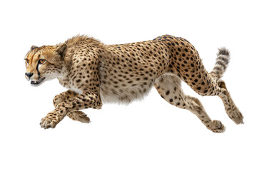 A cheetah in a dynamic running pose.  The spotted tan coat is highlighted against a black background.  Focus is on the cheetah's motion and powerful stance