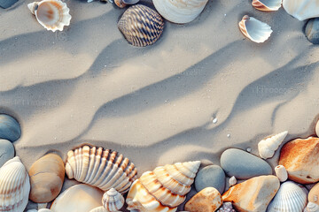 Seashells and Pebbles on Sand Background