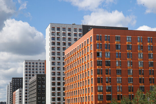 Facades of houses in the new microdistrict called Buninskie Lugy ("BUNIN'S MEADOWS" HOUSING COMPLEX) of August 16, 2025, in Moscow, Russia