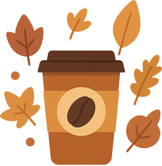 Flat style illustration of a takeaway coffee cup with autumn leaves, cozy seasonal drink design, warm fall atmosphere, autumn beverage illustration for lifestyle and cafe themes