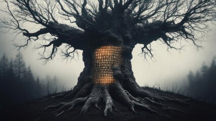 Ancient mystical tree glowing with light