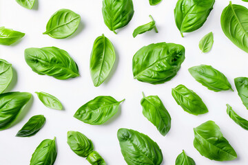 Fresh Green Basil Leaves on White Background