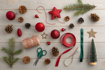 Festive Christmas crafting with pinecones, ribbon, ornaments, and scissors for creative holiday decor PNG
