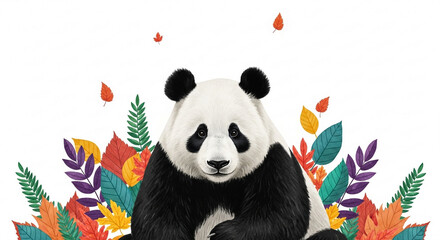 Naklejka premium Illustration of a panda bear sitting amidst colorful leaves on a white background.