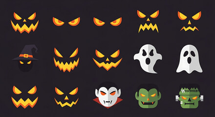 Halloween-themed vector illustrations featuring spooky faces, ghosts, and monster characters for seasonal decoration