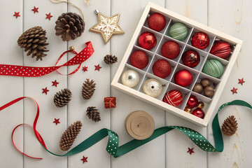 Festive Christmas ornaments in wooden box with pinecones and ribbon create a joyful holiday spirit PNG