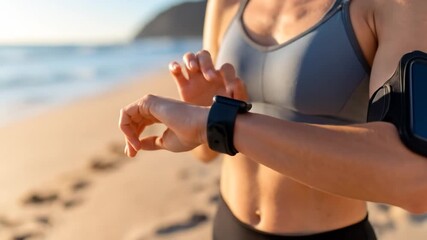 Woman fitness tracker beach exercise - Powered by Adobe