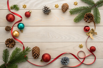 Festive Christmas ornaments and pine cones arranged beautifully on a wooden surface for holiday cheer PNG