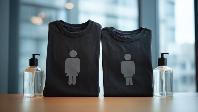 Folded dark gray t-shirts with gender icons and hand sanitizer