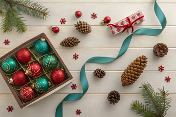 Charming holiday arrangement with ornaments, gift, ribbon, pine cones for festive season creativity PNG