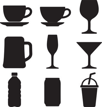 Set of Beverage Silhouettes &ndash; Vector Drink Icons Featuring Coffee Cups, Tea Mugs, Wine Glasses, Cocktail Glasses, Juice Bottles & Beer Mugs