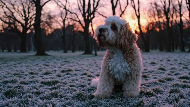 Cavapoo dog breed watching the sunrise on cold winter morning in park