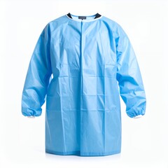 Hygienic surgical garment, sterile blue gown, protective medical apparel isolated on white background