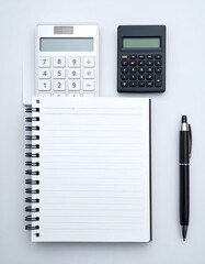 A simple office scene with a spiral-bound notepad, two calculators, and a pen on a white surface.