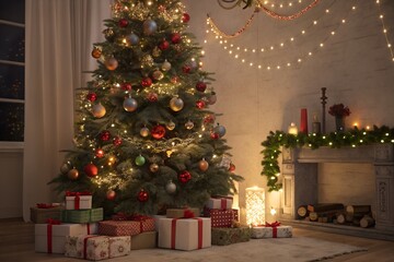 Experience the magic of Christmas with a beautifully decorated tree and presents under cozy lights PNG