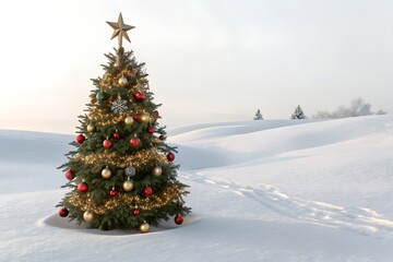Elegant Christmas tree stands beautifully decorated with lights in snowy winter wonderland landscape PNG