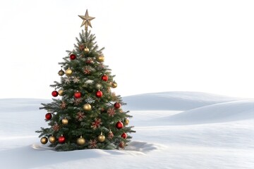 Dreamy Christmas tree twinkling with gold and red ornaments in a serene winter wonderland landscape PNG