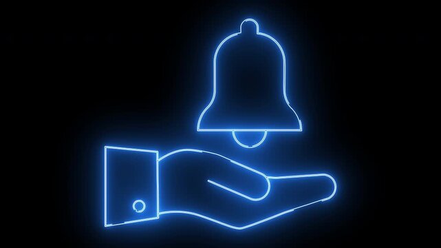 hand icon carrying a bell icon with neon effect