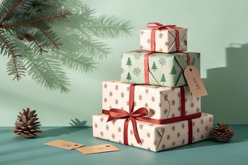 Elegant stack of Christmas presents with pine bough create a joyful festive mood for the holidays PNG