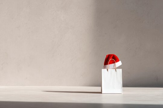 Gift bag adorned with festive red Christmas hat, minimalistic se - Powered by Adobe