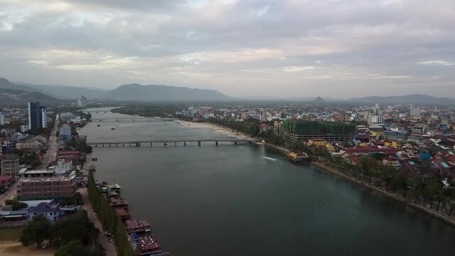 Drone Forward and Ascend Reveal of Kampot City and River Landscape, Cambodia