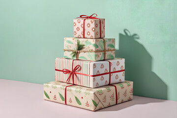 Festive holiday gifts stacked high with ribbons and botanical paper ready for a cheerful celebration PNG