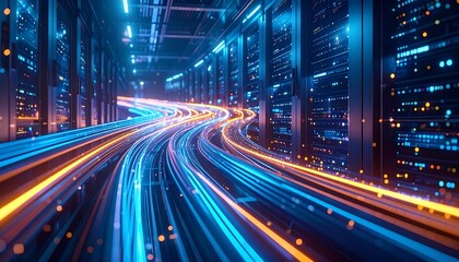 Fototapeta premium Close-up 3D render of glowing fiber optic cables linking futuristic servers, neon light trails symbolizing ultra-fast digital data transfer in cyber networks.