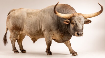 Majestic gray bull portrait; powerful stance with grand curved horns