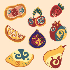 Decorative Fruits with Ethnic Patterns &ndash; Colorful Hand Drawn Set