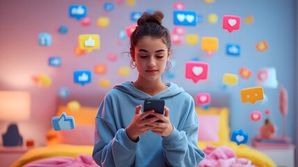 Teen girl using phone in colorful room with floating icons of likes, shares, and messages. Concept : Social media, digital interaction, online communication, teen lifestyle, mobile engagement
