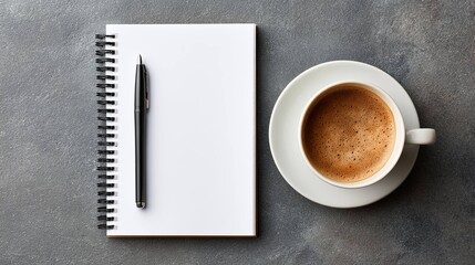 Notebook pen coffee cup on gray surface