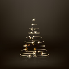 Christmas tree on transparent background. Gold Christmas tree as symbol of Happy New Year, Merry Christmas holiday celebration. Golden light decoration. Bright shiny design Vector illustration