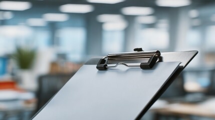 Closeup medium shot of clipboardstyle file holder in focus showcasing secure paper attachment and portability against an outoffocus office desk.