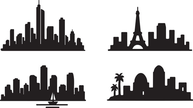 Set of City Skyline Silhouettes Urban Buildings, Towers, Skyscrapers & Cityscapes