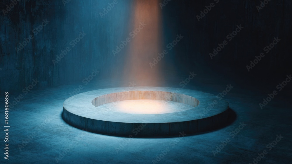 Poster mysterious circular platform illuminated by ethereal light in da