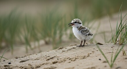 Adorable baby bird on sandy beach.