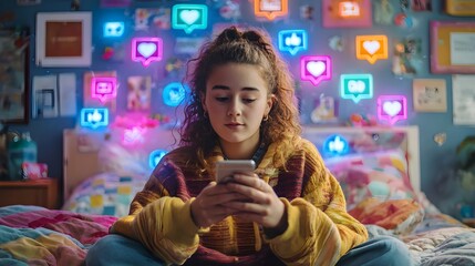 Teen girl using phone in colorful room with floating icons of likes, shares, and messages. Concept : Social media, digital interaction, online communication, teen lifestyle, mobile engagement