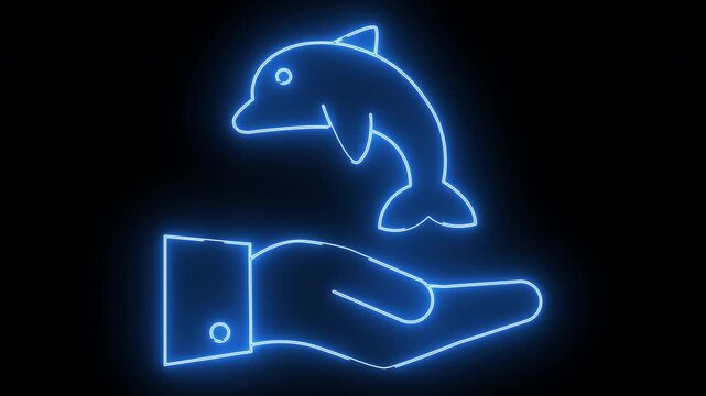 hand icon carrying a dolphin icon with neon effect