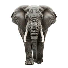 Majestic African elephant, full body frontal view, isolated on white & transparent background. Ideal for wildlife conservation, safari travel, educational materials, Earth Day, zoo marketing,