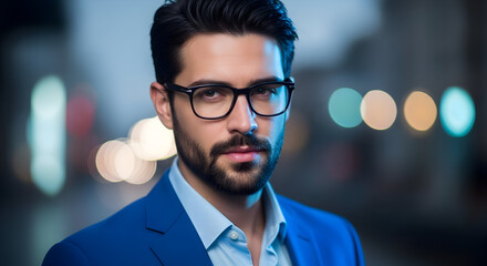 Confident businessman portrait night city lights professional success corporate executive leader ambition determined goal achievement stylish modern man