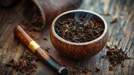 A wooden bowl filled with black tea, a wooden pipe, and a wooden spoon on a rustic wooden table with a dark wooden background.