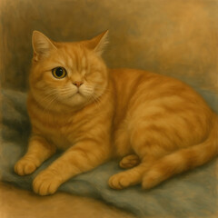 a ginger one-eyed cat lying on a soft fabric. Its fur is fluffy, with a characteristic striped pattern, and the look of one eye conveys calm and confidence. 