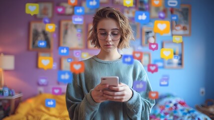 Teen girl using phone in colorful room with floating icons of likes, shares, and messages. Concept : Social media, digital interaction, online communication, teen lifestyle, mobile engagement