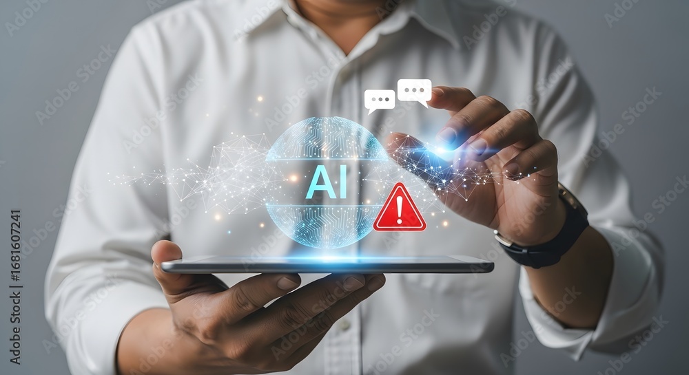 Aufkleber man interacts with glowing ai sphere on tablet, highlighting digital network and warning symbol for 
