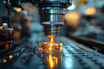 the process of high-precision metal processing on a modern CNC machine. The metal part is fixed on the work surface, and the laser or plasma head emits a bright glow,  